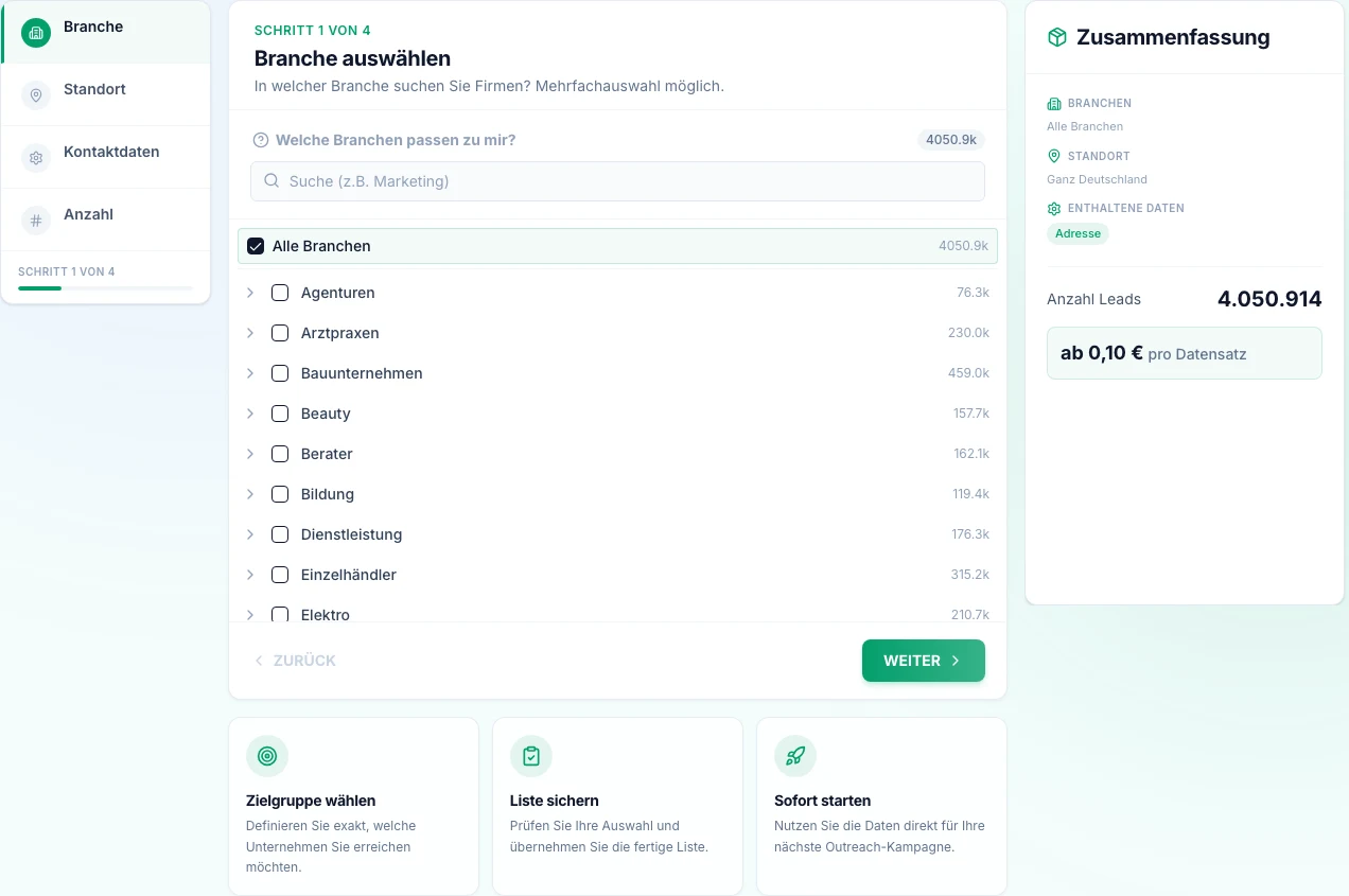 Branche auswaehlen im Listenbuilder